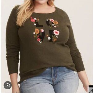 TORRID | Cotton Floral Love Raglan Sleeve Sweater Olive Green Embroidered sz 2X